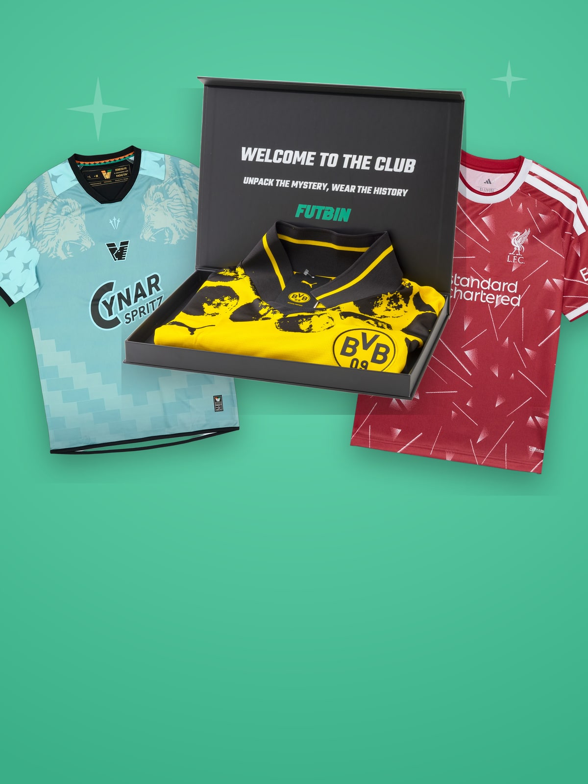 A FUTBIN mystery box with two official football shirts on a mint background